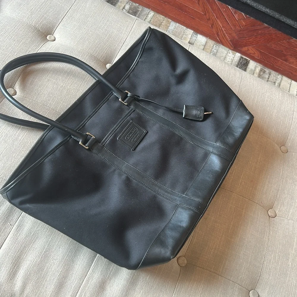 Coach Canvas Black Tote Leather Trim Double Zipper Weekender Bag